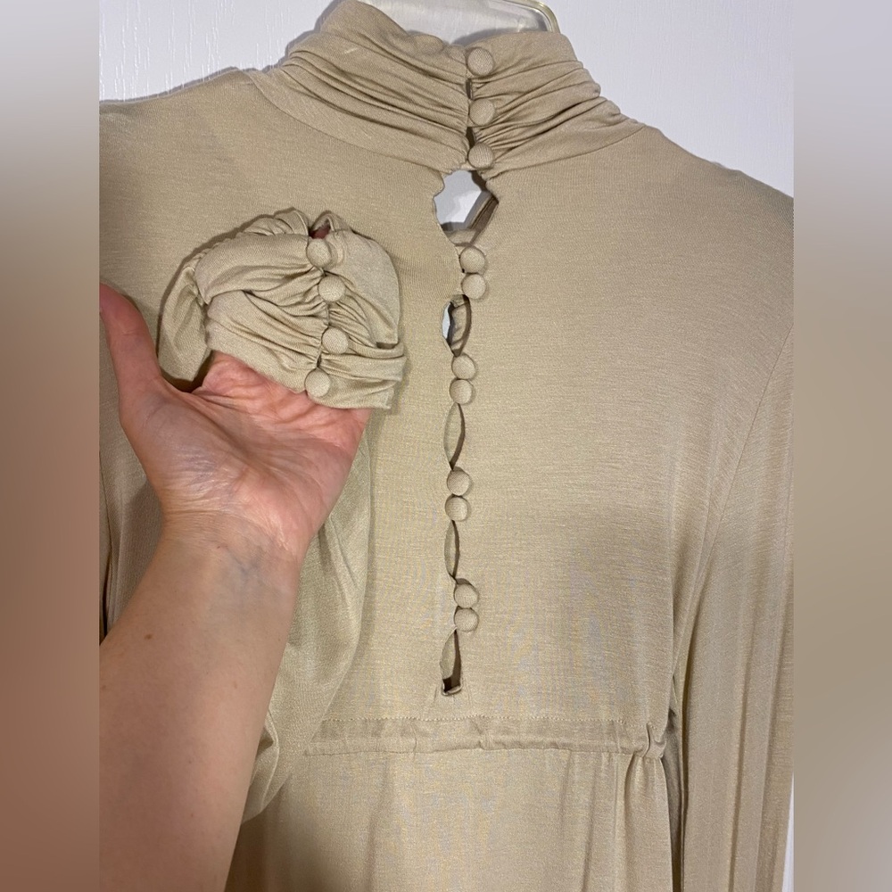 Y2K LaRok Peek A Boo Empire Waist Ruched Neck & Cuff Knit Blouse Beige Large - Picture 3 of 5